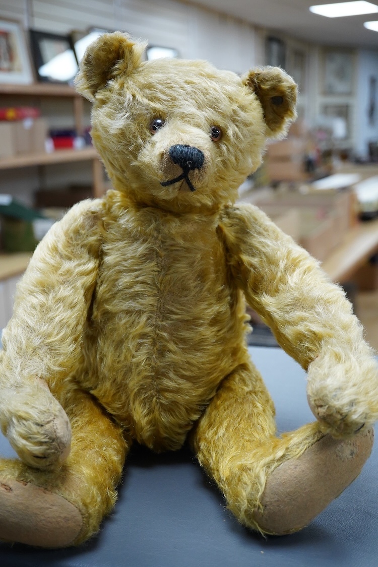 A Steiff cinnamon plush Teddy bear, stitched snout and glass eyes, jointed limbs, button in ear, circa 1910, 43cm